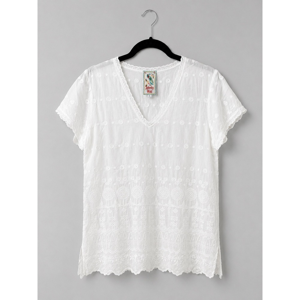 Johnny Was White Eyelet Embroidered Cupra Rayon V-Neck Boho Blouse Top Small
